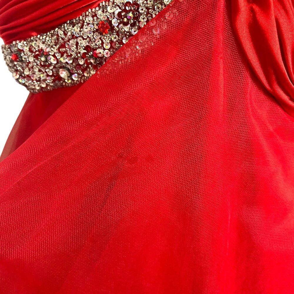 Red Satin & Tulle One-Shoulder Dress W/ Rhinestone Strap & Ruched Bodice Short S - Picture 5 of 12